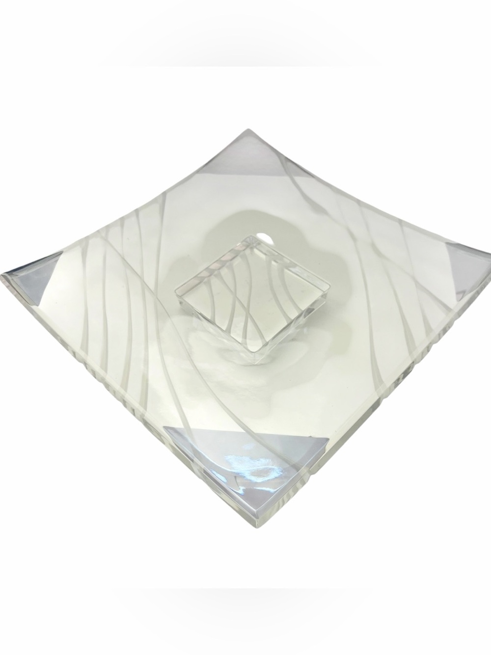 Vintage Clear Glass Decorative Tray with Etched Wave Design